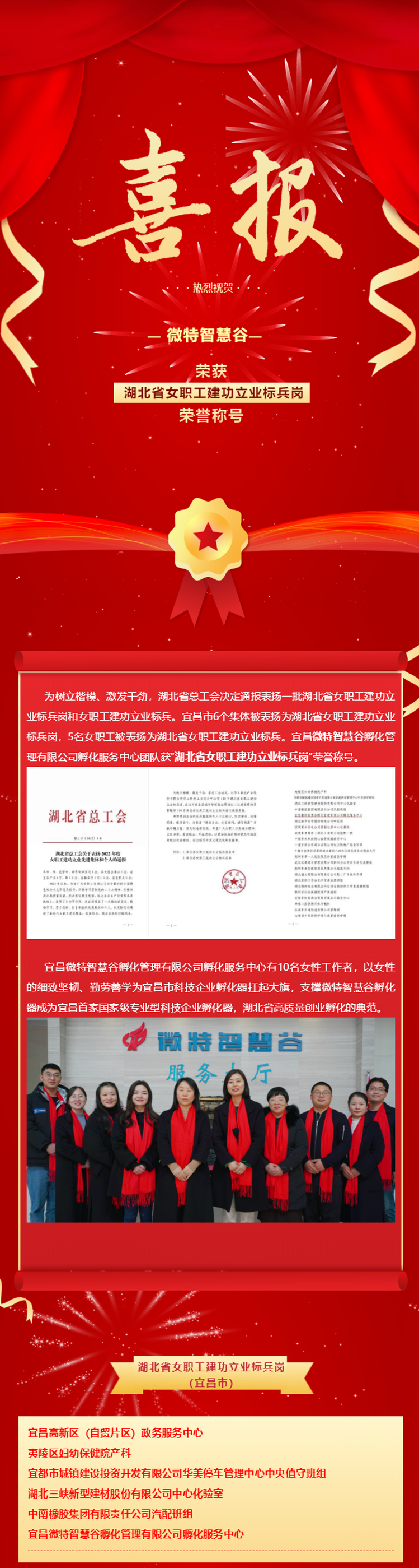 喜報！微特智慧谷獲&ldquo;湖北省女職工建功立業標兵崗&rdquo;榮譽稱號